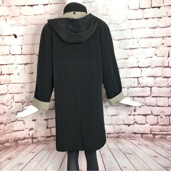 GALLERY Black & Taupe Trench Coat Raincoat detach Hood Size Medium 37” Length - Picture 9 of 16